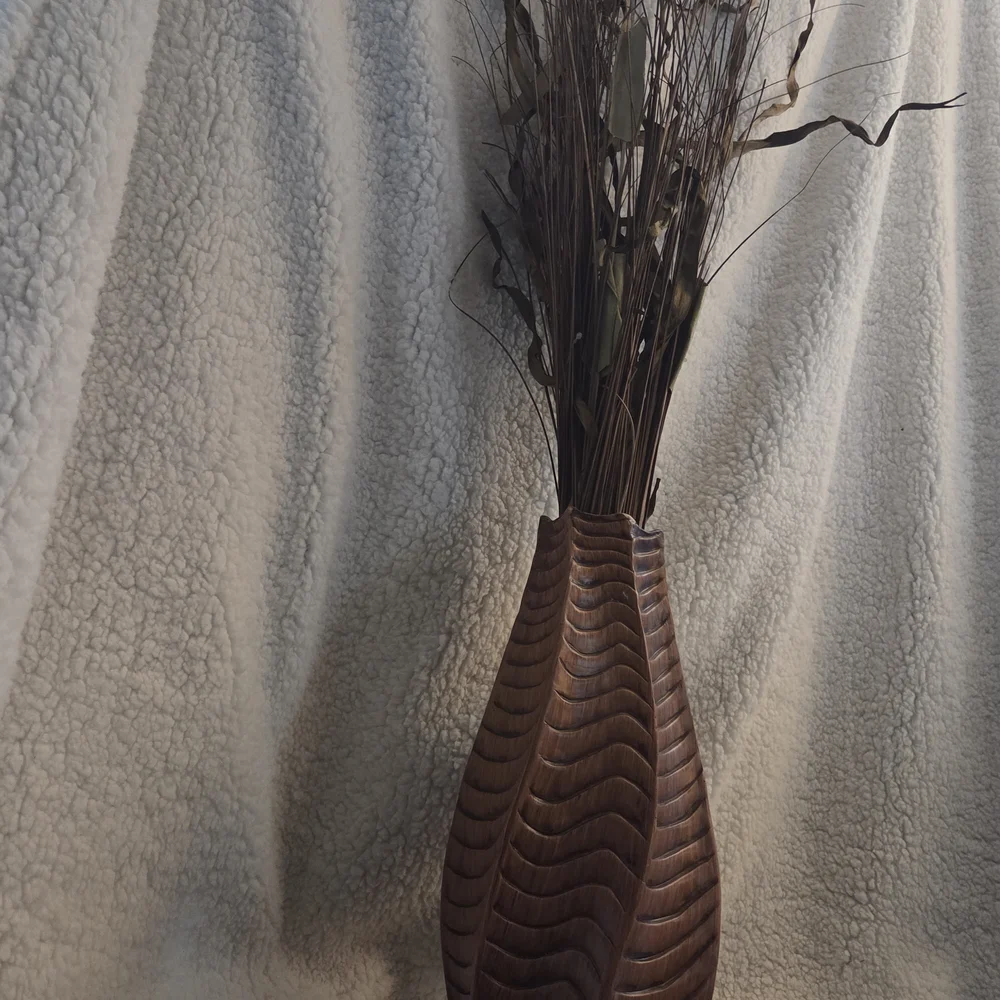 Vintage Carved Wood Table Vase w/ Dried Grass | Boho Accent Decor
